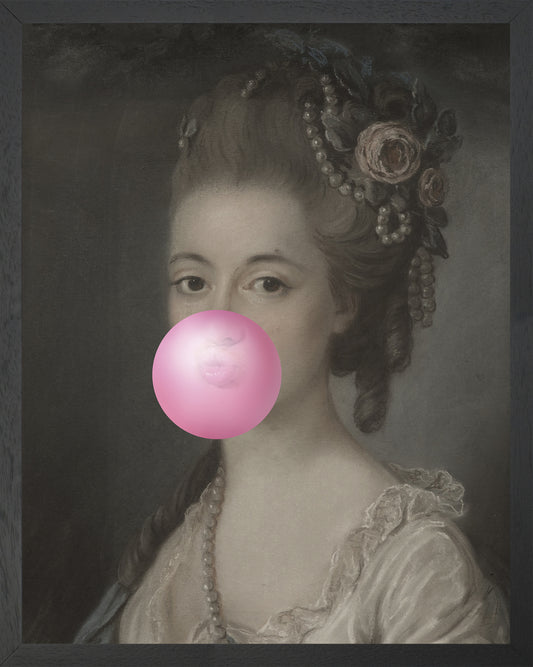 Bubblegum Portrait of Lady with Pearls & Roses in Her Hair